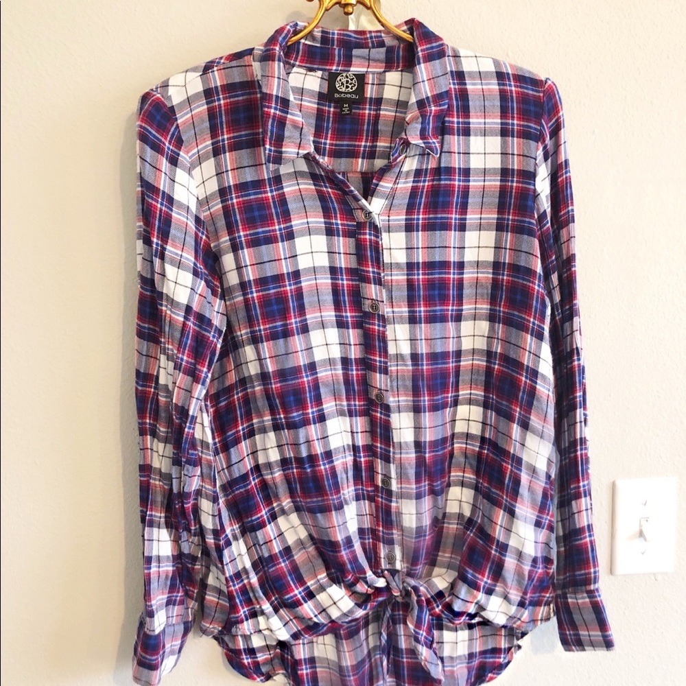 Bobeau Plaid Tie Front Top